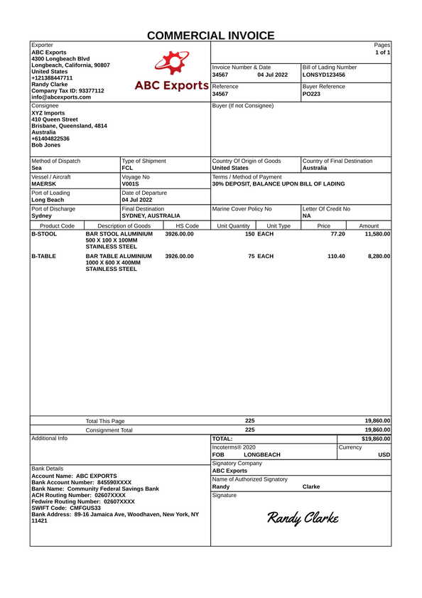 Commercial invoice template